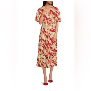 Dkny Red and Brown Off the Shoulder Flutter Sleeve Sundress